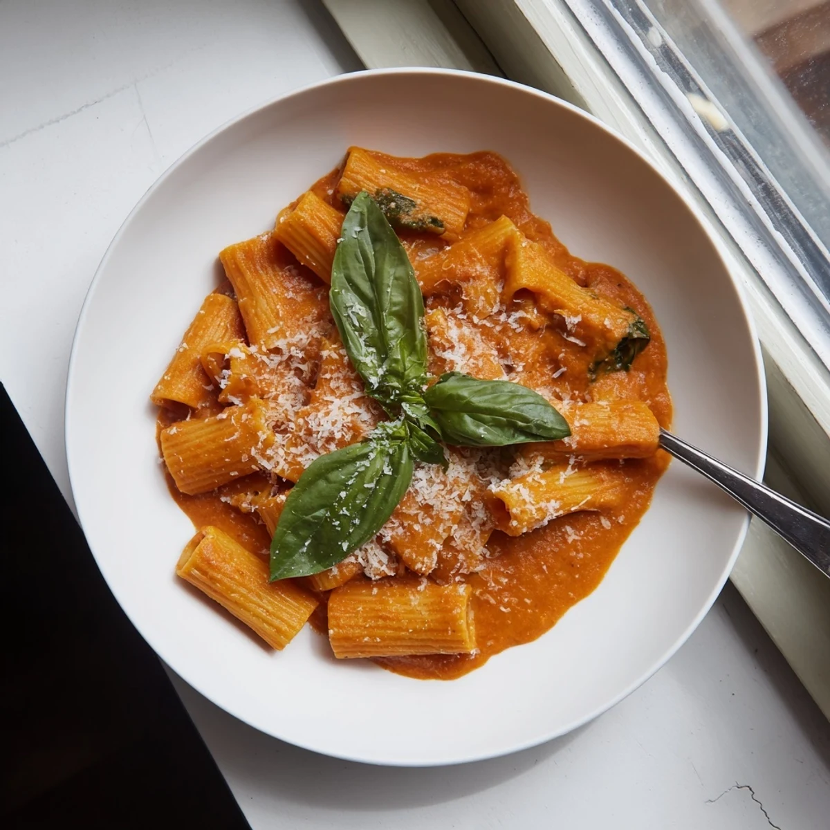 Spoonful of smooth Hidden Veggie Tomato Pasta Sauce garnished with fresh basil leaves.