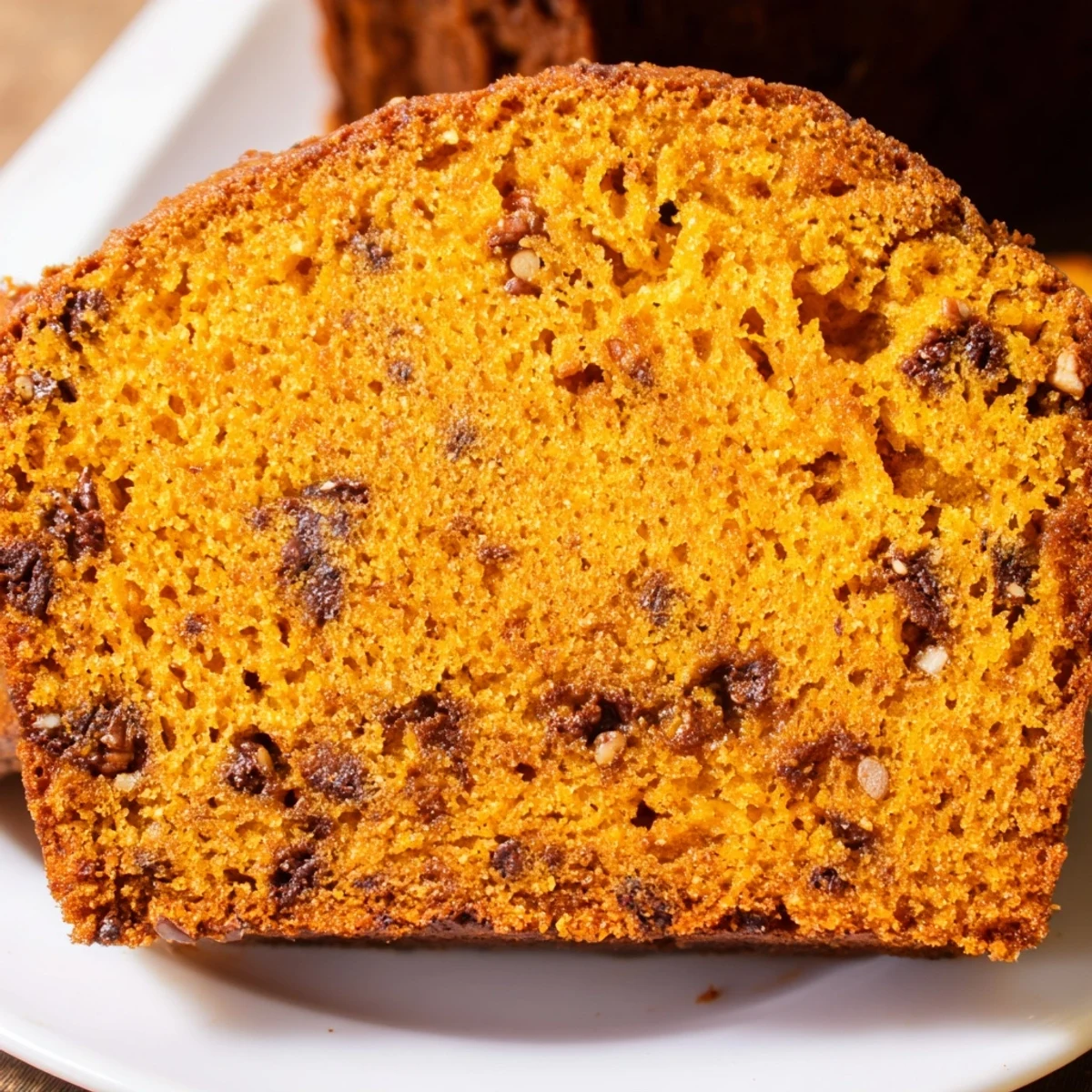 Slices of moist pumpkin bread loaf on a plate, topped with a pat of butter, perfect for cozy fall breakfasts.