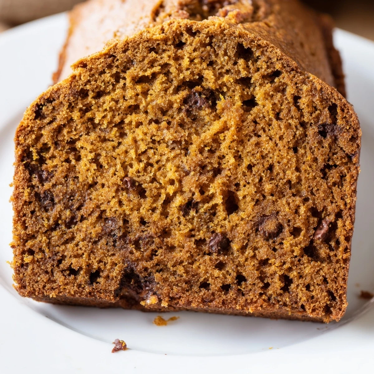 Freshly baked pumpkin bread loaf cooling on a wire rack, with a kitchen towel and small pumpkin in the background.
