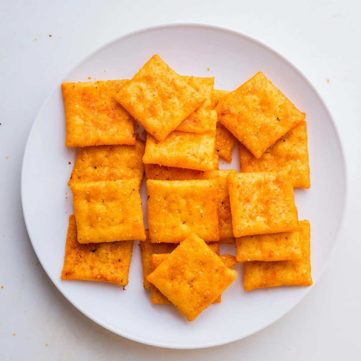 Homemade Crispy Cheeto Cheese Crackers piled high on a serving platter next to a movie night bowl.
