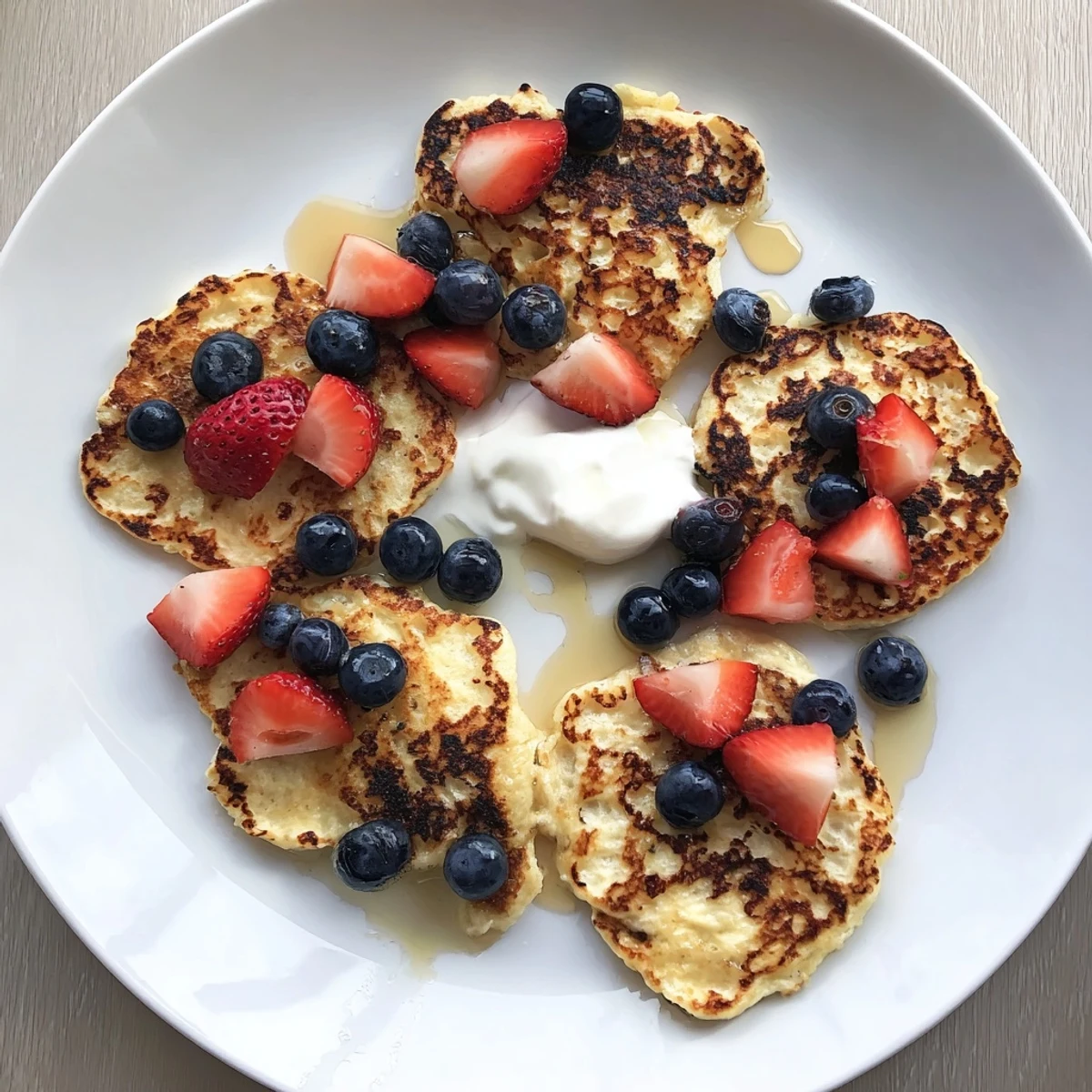 Golden brown banana pancakes, made from ripe banana and egg, stack warmly on a plate with maple syrup drizzle.  