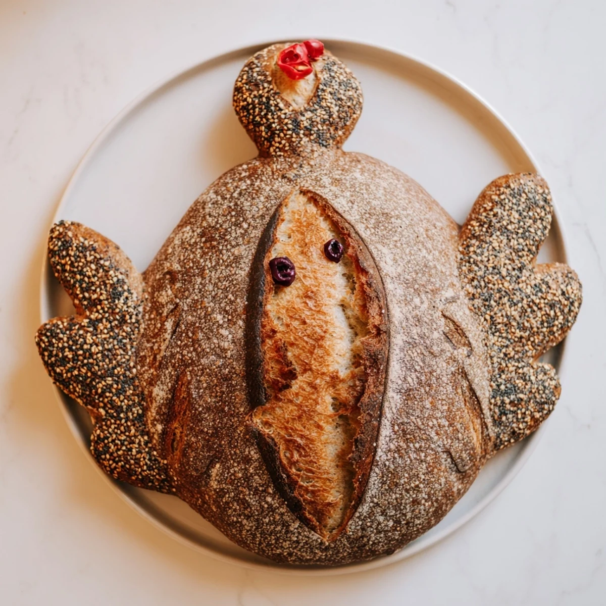 A golden turkey-shaped sourdough bread with scored feather details, served as a festive holiday centerpiece on a wooden board.