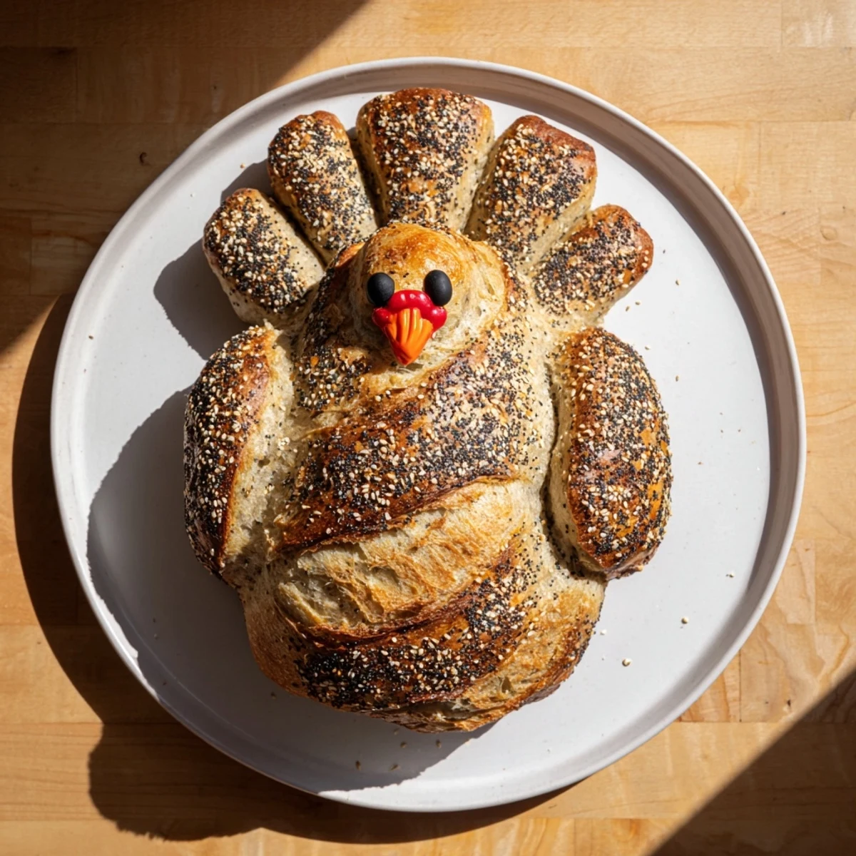 Artisan turkey sourdough loaf with a crusty crust and soft crumb, ready to be sliced for Thanksgiving dinner.