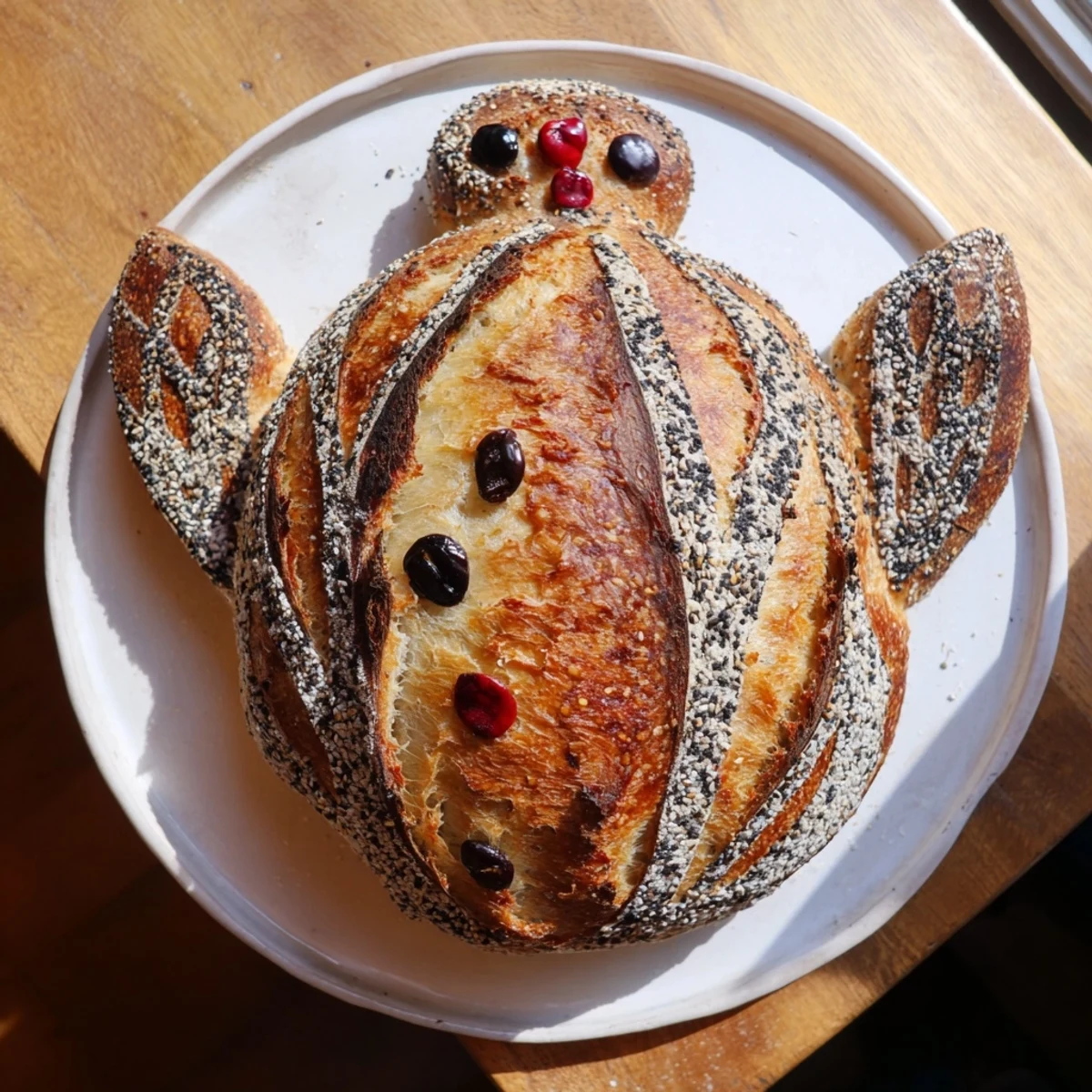 Rustic turkey-shaped sourdough bread with olive eyes and a red pepper wattle, perfect for seasonal breadboard displays.