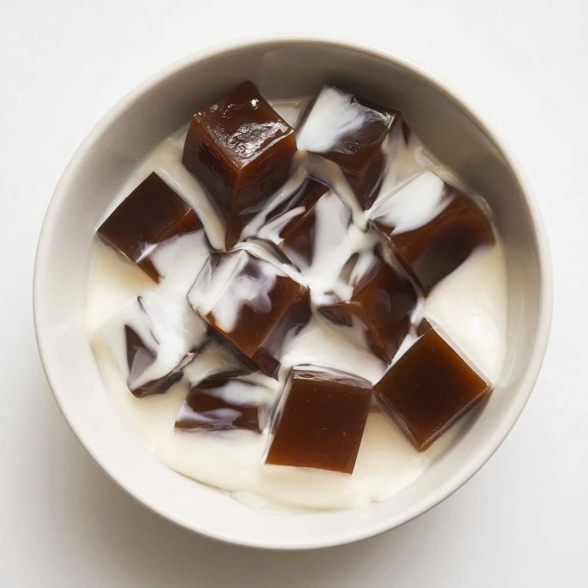 Cubes of dark coffee jelly glistening with light, layered in a glass and topped with a cloud of sweetened cream for a refreshing dessert.  