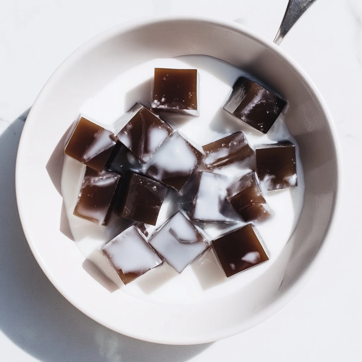 A spoon dipping into a glass of Coffee Jelly Dessert, revealing rich coffee cubes and a velvety sweet cream topping, ideal for a summer gathering.