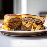 A close-up of a perfectly grilled cast-iron patty melt, ready to enjoy with a side.