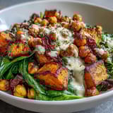 Hearty vegan roasted sweet potato and chickpea bowl garnished with creamy avocado slices, toasted pumpkin seeds, and fresh cilantro for a nutritious weeknight dinner.  