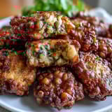 Crispy, golden Black-Eyed Pea Fritters on a rustic plate with a dollop of spicy yogurt sauce.