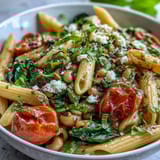 Savory Black-Eyed Pea Pasta topped with crumbled feta and fresh herbs, served steaming in a white ceramic bowl.