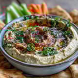A vibrant bowl of Black-Eyed Pea Hummus garnished with fresh parsley, lemon, and spices on a rustic table.