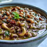 Close-up of Black-Eyed Pea Curry simmering in a pot, with creamy coconut milk and vibrant turmeric spices.
