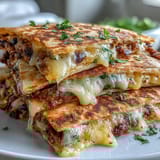 Golden-brown Black-Eyed Pea Quesadilla wedges stuffed with creamy mashed beans and gooey melted cheese on a rustic plate.