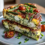 Spring Veggie Frittata with Asparagus and Goat Cheese: golden, fluffy baked eggs loaded with fresh asparagus, zucchini, and creamy goat cheese crumbles.