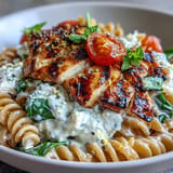 Creamy cottage cheese pasta topped with tender grilled chicken and sautéed spinach in a protein-rich bowl.  
