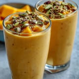Creamy Mango Lassi Smoothie with sweet ripe mango and fragrant cardamom swirl.
