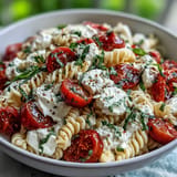 Vibrant Summer Caprese Pasta dish topped generously with torn burrata cheese.
