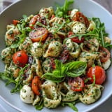 Easy Caprese Pasta Salad loaded with fresh pesto and soft cheese.