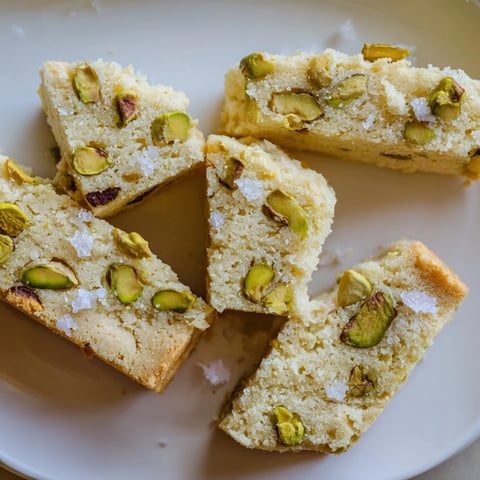 Salted pistachio slice & bake shortbread cookies, golden brown, sprinkled with flaky sea salt, are perfection.