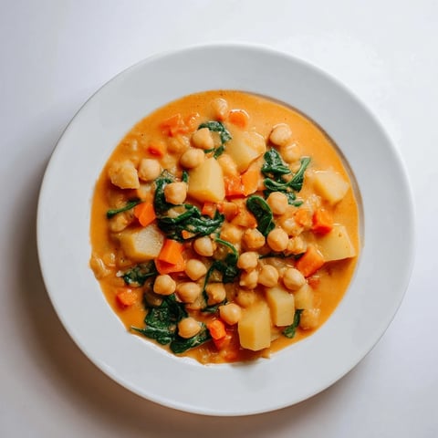 Creamy Garbanzos with Spinach Stew, bubbling in a pot, looks flavorful with vibrant vegetables and spices.