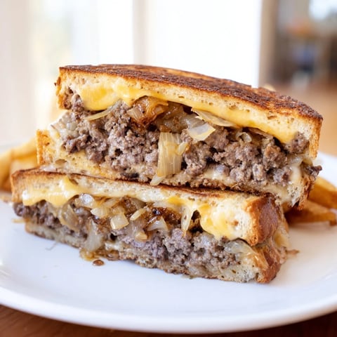 Crispy, golden-brown cast-iron patty melts, oozing melted Swiss cheese and caramelized onions.
