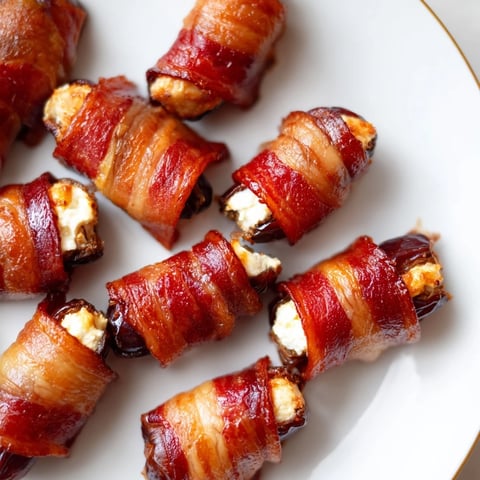 Sweet and salty Goat Cheese Stuffed Bacon Wrapped Dates, golden bacon glistens next to oozing cheese.
