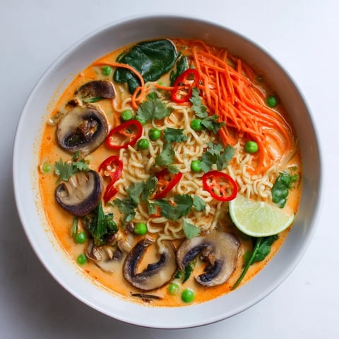 Steaming bowl of Curry Comfort Ramen with vibrant veggies and a creamy coconut broth, ready to eat!