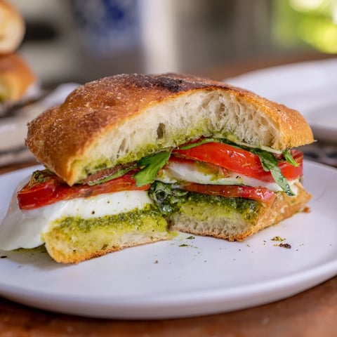 Golden brown Caprese Pesto Panini-Style Grilled Cheese, oozing melted cheese and ripe tomato slices.