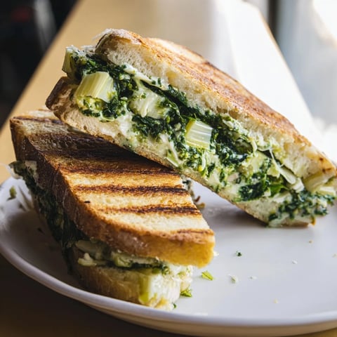 Golden, melted Sourdough Spinach Artichoke Dip Grilled Cheese, oozing with cheesy goodness and served warm.