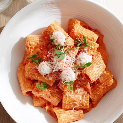 Creamy roasted red pepper Santa hat pasta, a holiday delight with Santa-hat ricotta and basil garnish.