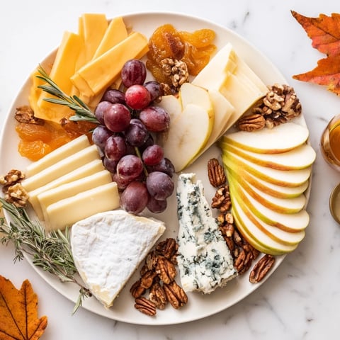 Vibrant Autumn Leaf Cheese Platter, a beautiful arrangement of cheeses, fruits, and nuts for a fall appetizer.