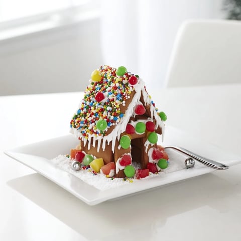 A beautifully decorated gingerbread house recipe, showcasing colorful candies and royal icing details perfectly.