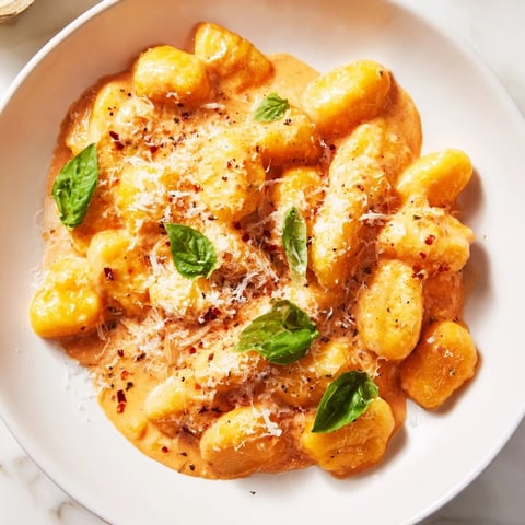 Creamy tomato gnocchi bubbling in a skillet, topped with fresh basil and Parmesan cheese for an Italian dinner.