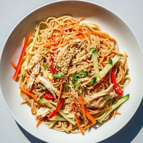 Chilled Chicken Noodle Salad: A bright, colorful bowl with noodles and shredded chicken, ready to eat.