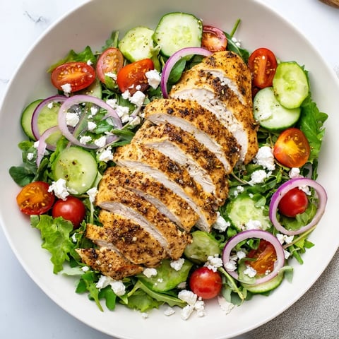 Quick Pan-Seared Chicken Salad with glistening chicken slices over vibrant green salad with cherry tomatoes.