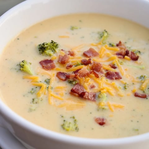 Creamy bowl of broccoli cheddar soup swirled with cheese and topped with crispy bacon pieces.