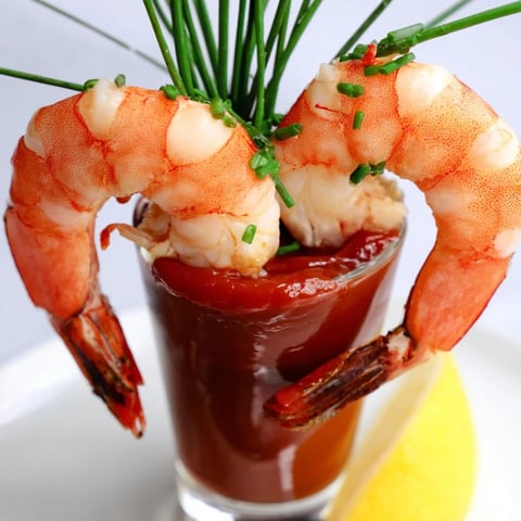 Retro Prawn Cocktail Shooters: Succulent shrimp with tangy sauce in elegant shot glasses, a delightful appetizer.