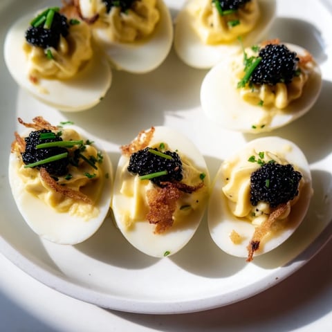 Elegant deviled eggs topped with caviar and crispy shallots, ideal for a sophisticated appetizer.