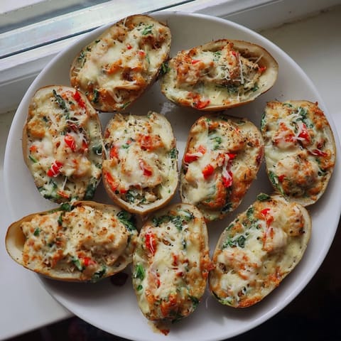 Rich, creamy High-Protein Cottage Cheese Alfredo Christmas Shells with spinach and turkey, a perfect entree.