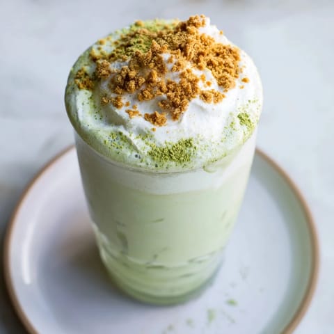 Creamy, sugar-free Gingerbread Cookie Matcha Frappe, topped with whipped cream, ready to refresh!