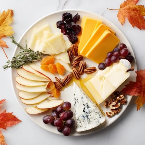 Indulge in an Autumn Leaf Cheese Platter, showcasing diverse cheeses alongside fresh pears, apples, and grapes.