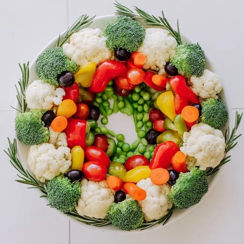 Vibrant Garland Veggie Wreath, featuring broccoli, cauliflower, tomatoes and creamy dip center.