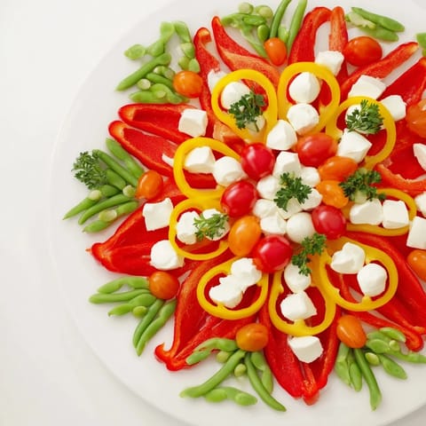 Festive Poinsettia Platter: A Christmas appetizer arranged with colorful bell peppers, cheeses, and fresh herbs.
