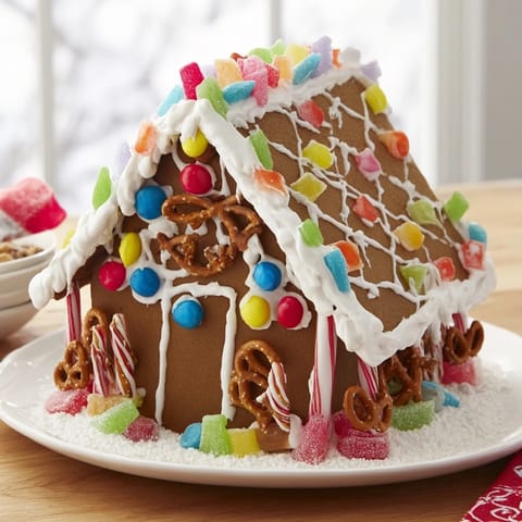 Festive gingerbread house panels, coated in white icing, surrounded by colorful candies.