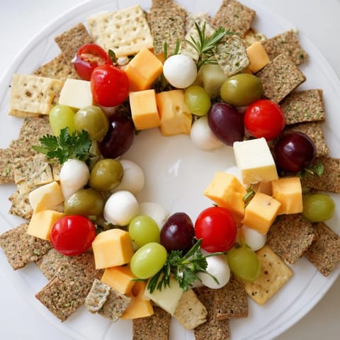 Get ready for the holidays with this Jingle Bell Cheese & Cracker Wreath, a delicious arrangement of cheese and crackers.
