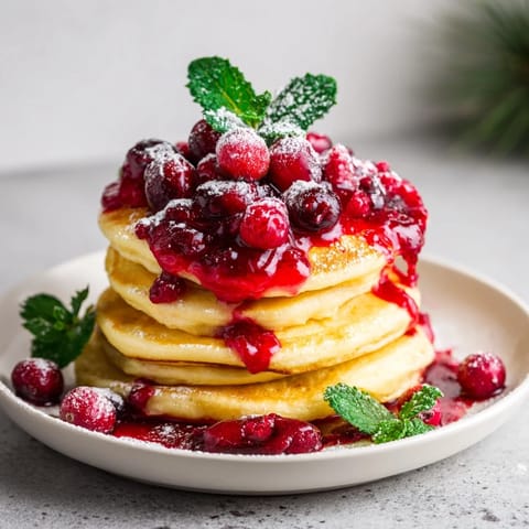 Delicious brunch board: pancake stack features a vibrant berry holly topping and warm, perfect pancakes.