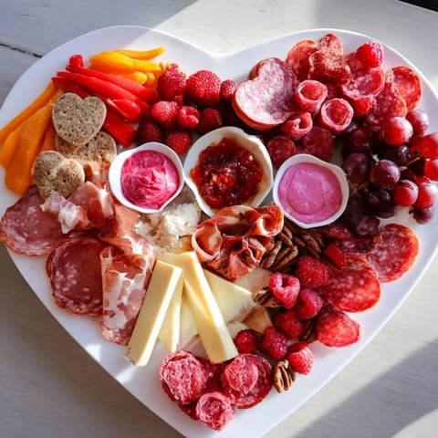 A gorgeous Heart of Romance Board, with vibrant red fruits complementing creamy cheeses for a special occasion.