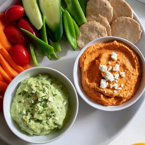 A colorful Festive Dip board featuring creamy dips with an array of crunchy dippers for holiday entertaining.