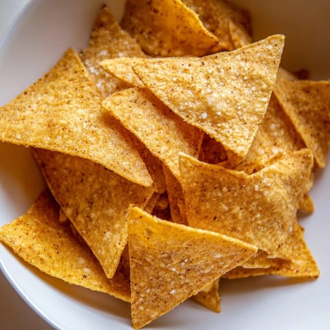 Air-fryer tortilla chips, perfectly golden and seasoned to a delightful crunch, ideal for snacking.