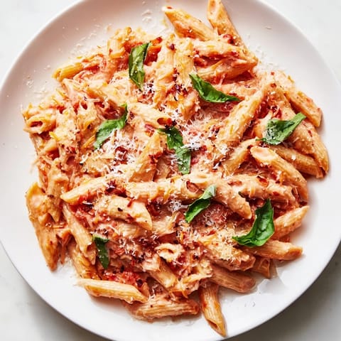 A steaming bowl of Basil Garlic One-Pot Creamy Tomato Pasta, garnished with fresh basil.